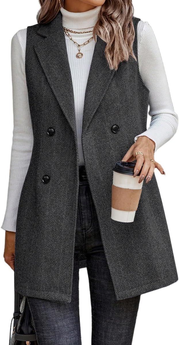 IDEALSANXUN Long Vest for Women Sleeveless Tweed Blazer