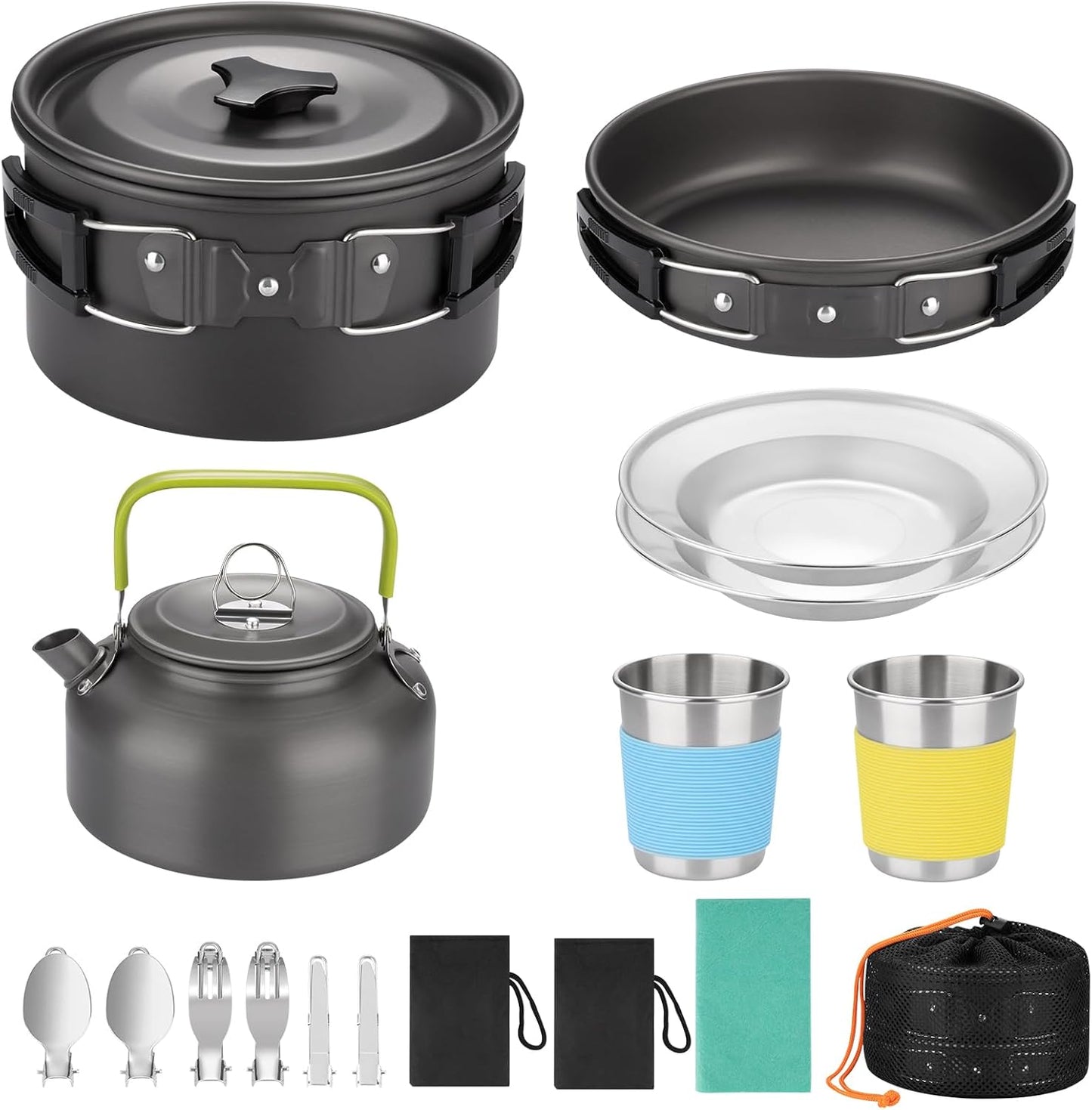 Beteray 17pcs Camping Cookware Set for Backpacking - Non-Stick Pot Pan Kettle & Stainless Steel Utensils