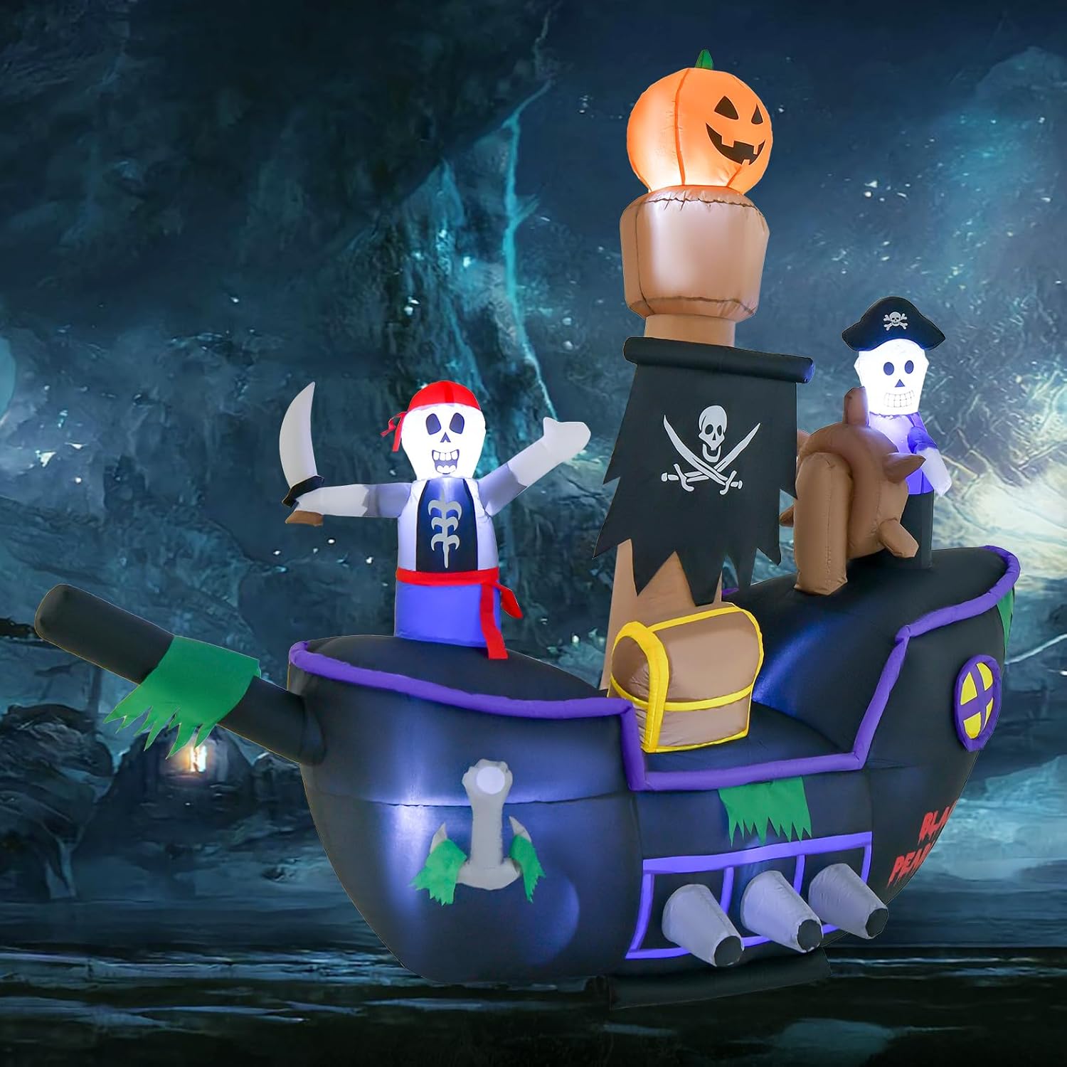 7 FT Halloween Inflatable Skeleton Pirate Ship with LED Lights