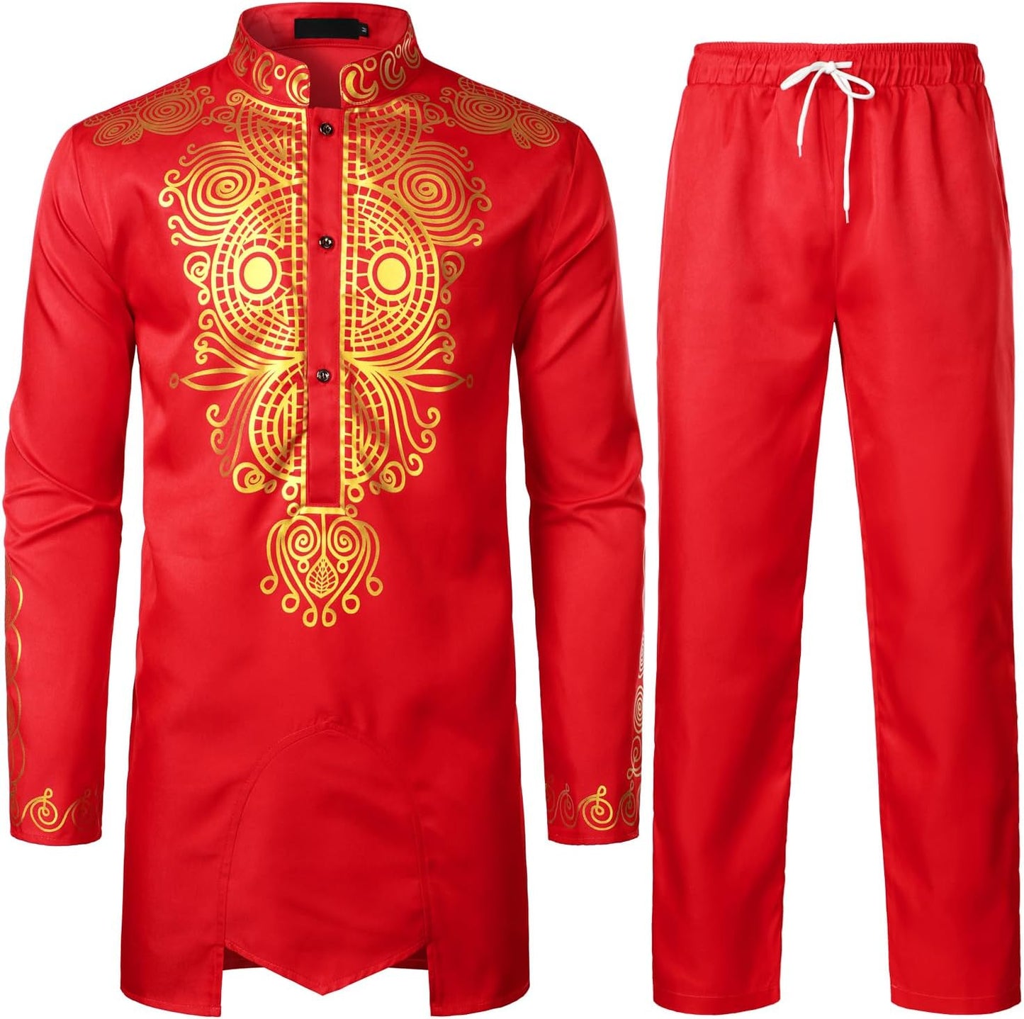ZEROYAA Men's Africa Suit Long Sleeve Print Dashiki Outfit Set