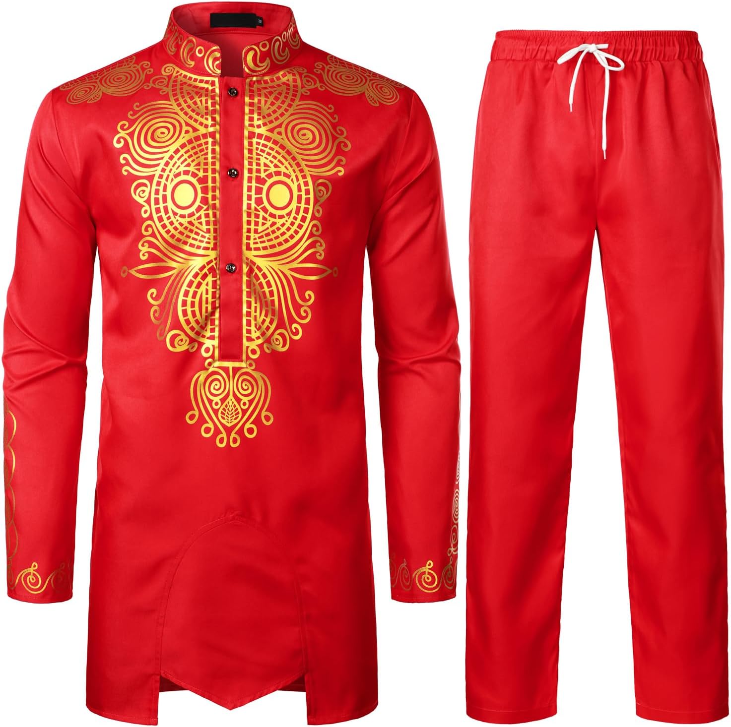 ZEROYAA Men's Africa Suit Long Sleeve Print Dashiki Outfit Set