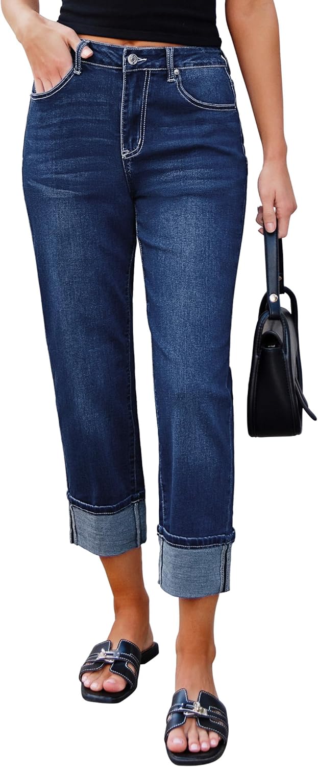 Trendy Cropped High Waisted Cuffed Hem Straight Leg Jeans