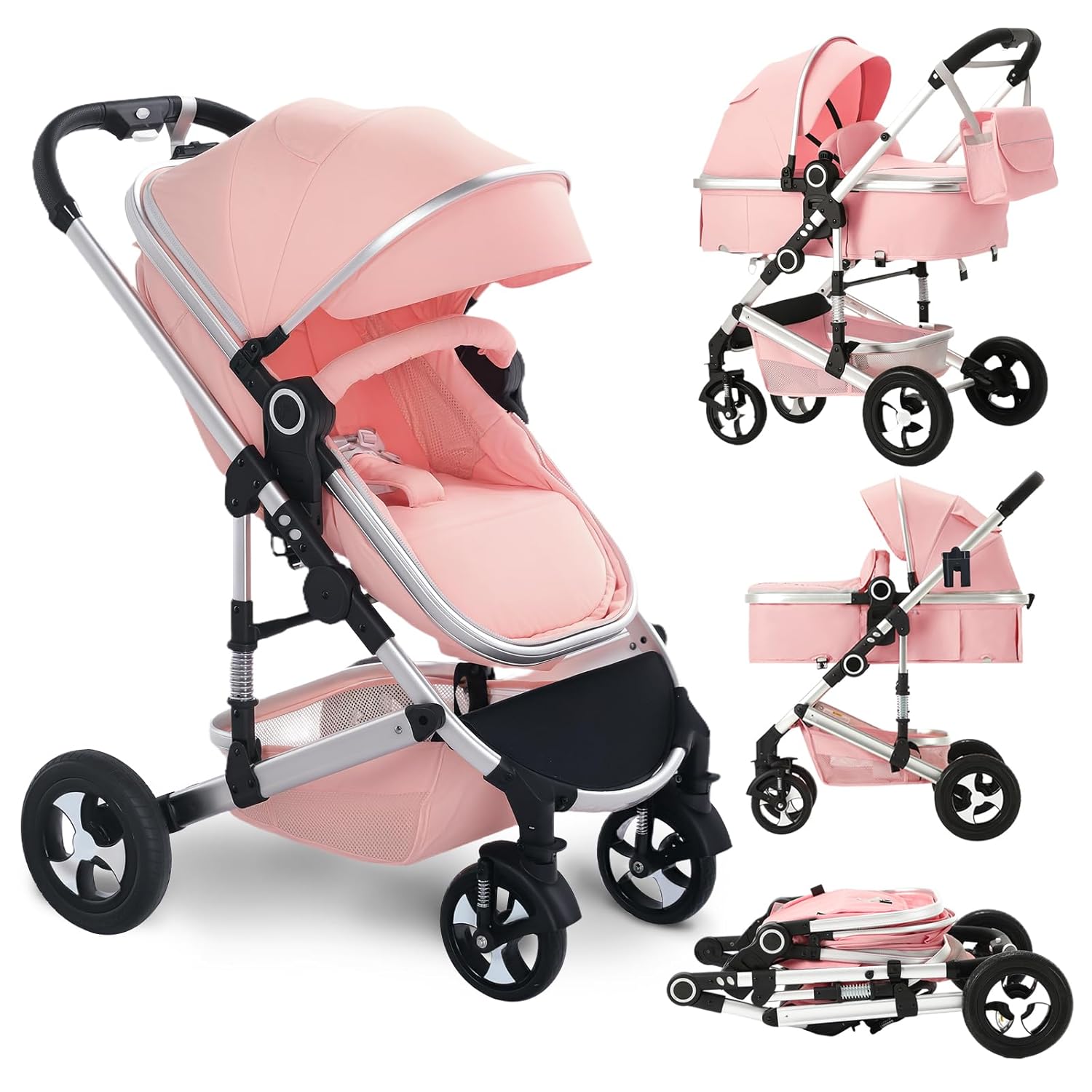 Convertible Baby Stroller with Adjustable Backrest & Canopy