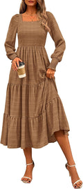Women's Fall Maxi Dress Square Neck Puff Sleeve - Smocked High Waist