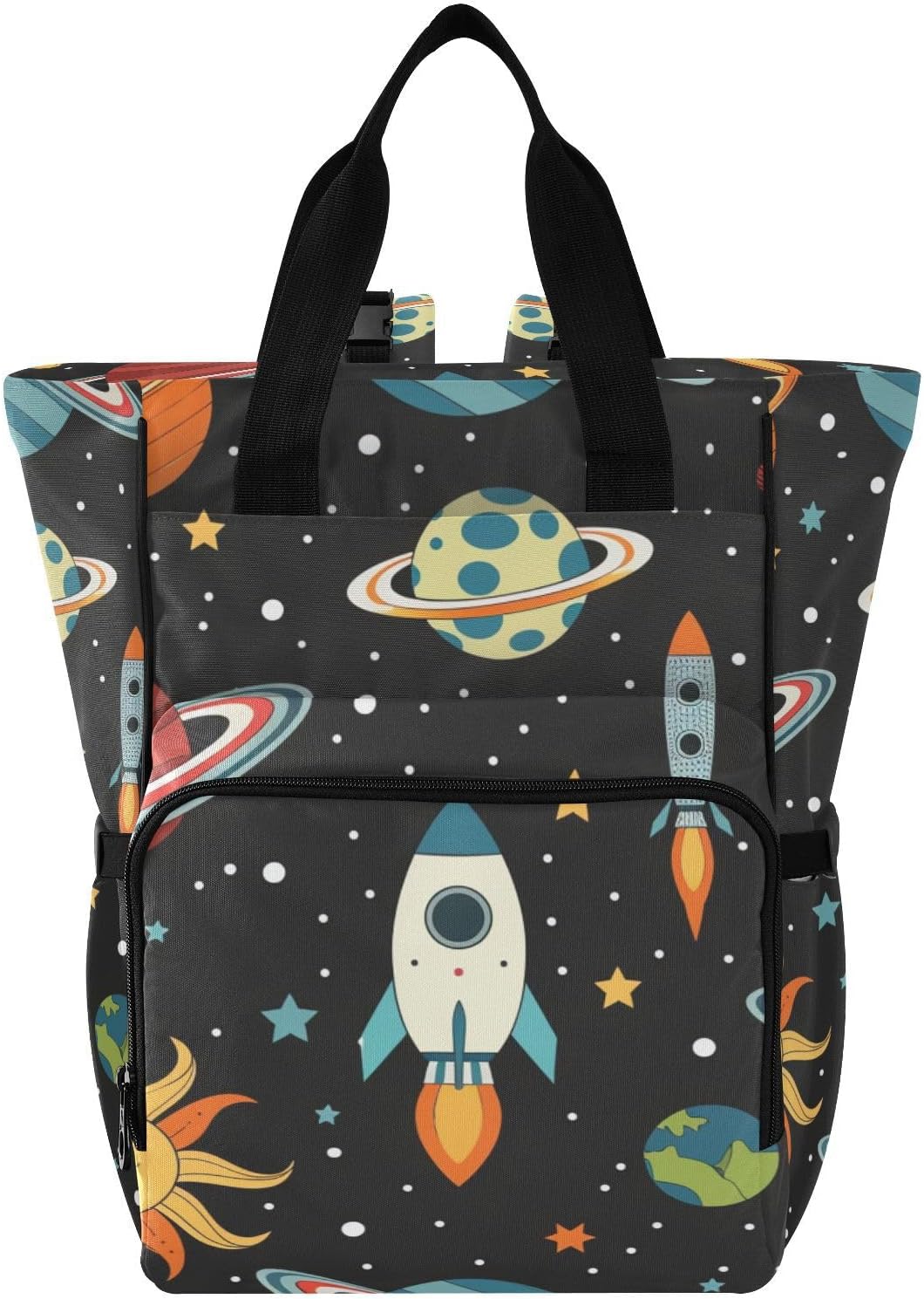 Cartoon Space Rocket Diaper Backpack - Stroller Straps, Bottle Storage