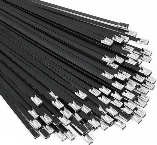 MAIDUNSI Black Stainless Steel Zip Ties - 100pcs, 11.8 inch - Multi-purpose Self-locking Cable Ties for Machinery & More