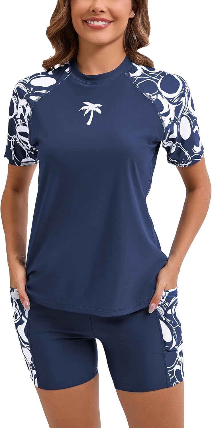 Halcurt Women's Two Piece Rash Guard Swim Set with Boyshorts