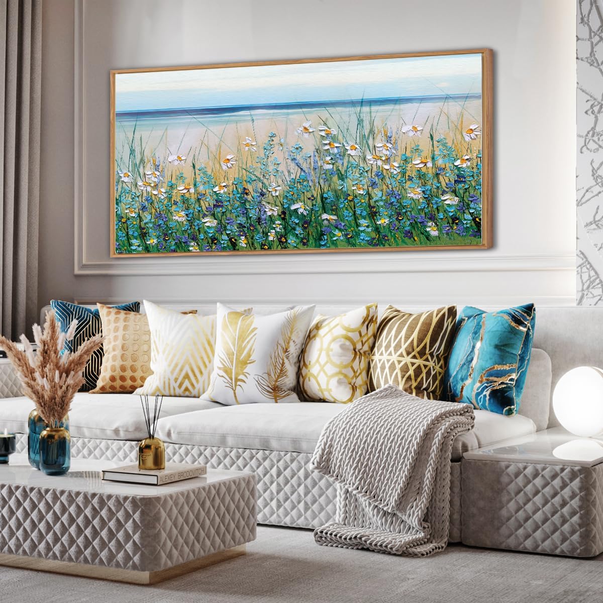 Large Blue Seaside Floral Wall Painting for Living Room Art