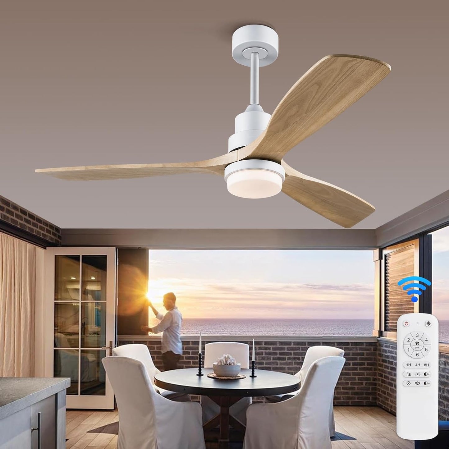 52 Inch Wood Ceiling Fan with Lights and Remote Control for Home