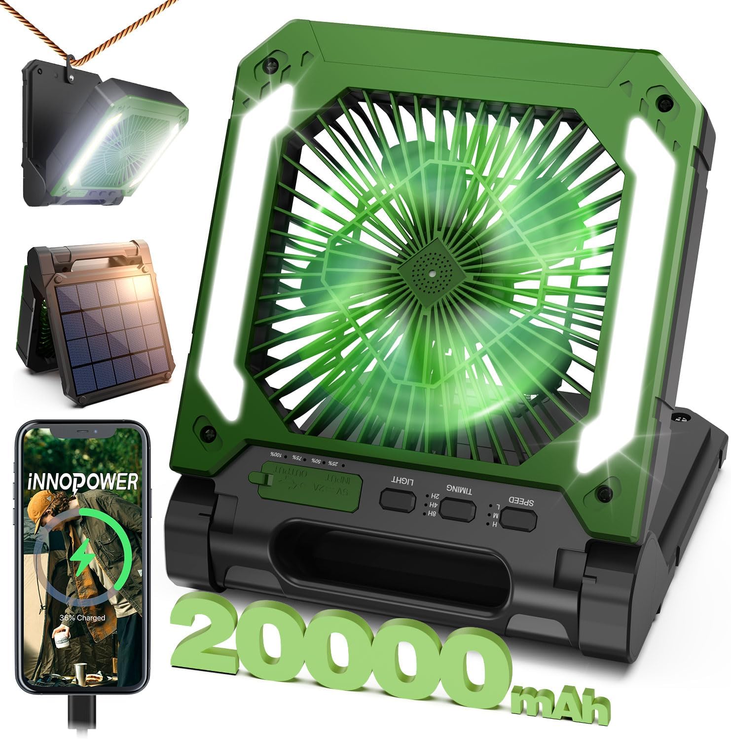 Innopower Solar Camping Fan: 3-Speed, Rechargeable & Portable