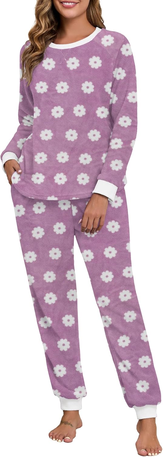 PrinStory Fluffy Pajamas for Women Soft Fleece Warm Pajama Set