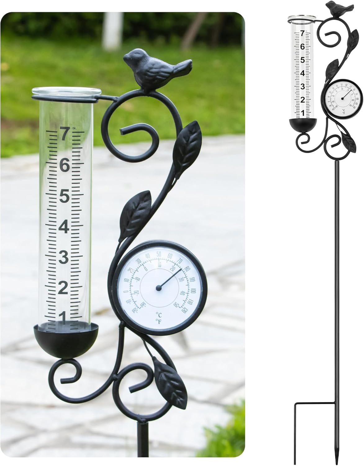32 in Garden Rain Gauge with Thermometer for Outdoor Decor