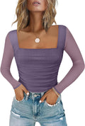 Chunpin Women's Long Sleeve Mesh Ruched Square Neck Bodysuit