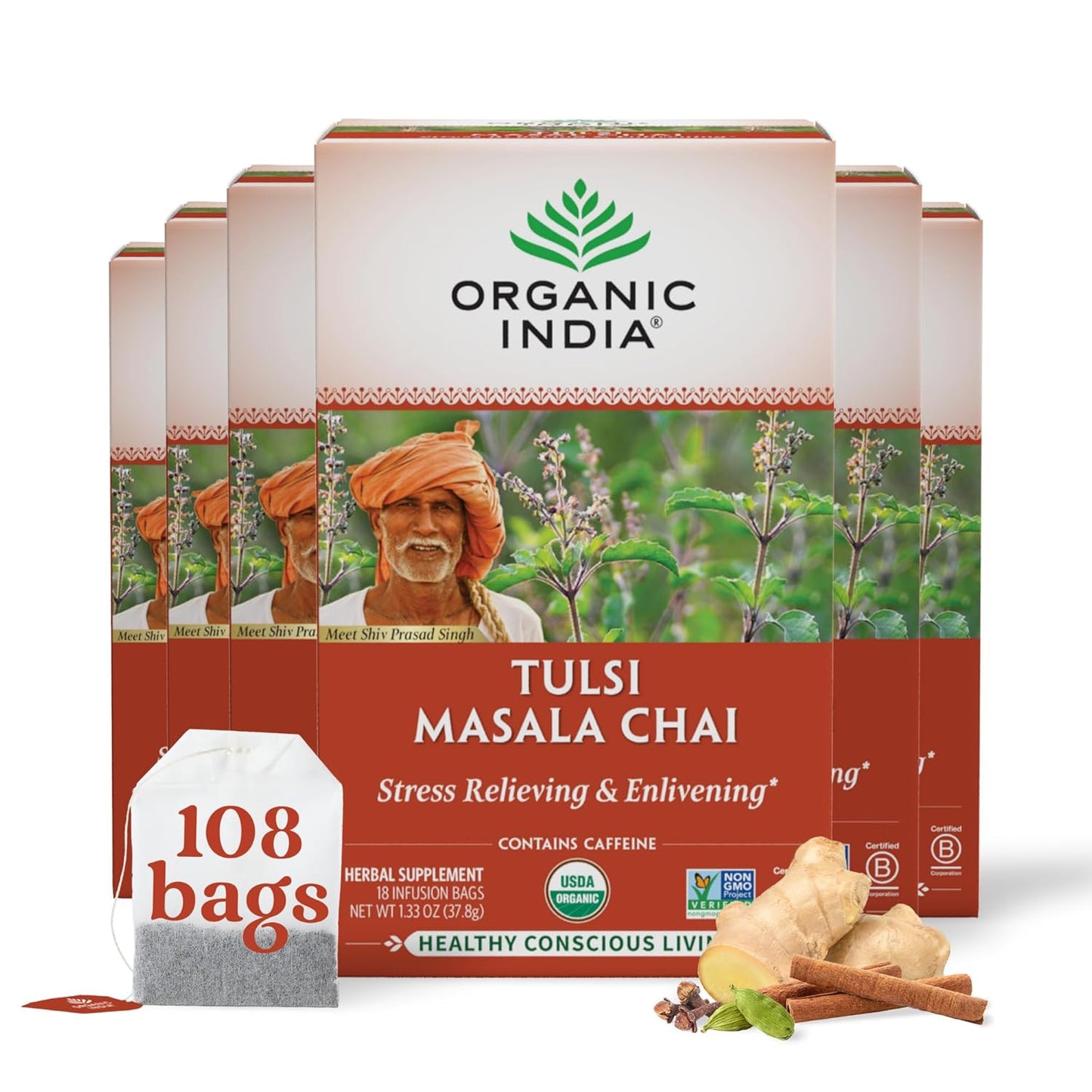 Organic India Tulsi Masala Chai Tea Bags for Stress Relief