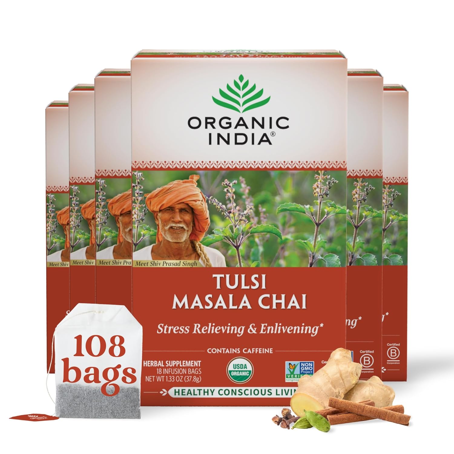 Organic India Tulsi Masala Chai Tea Bags for Stress Relief