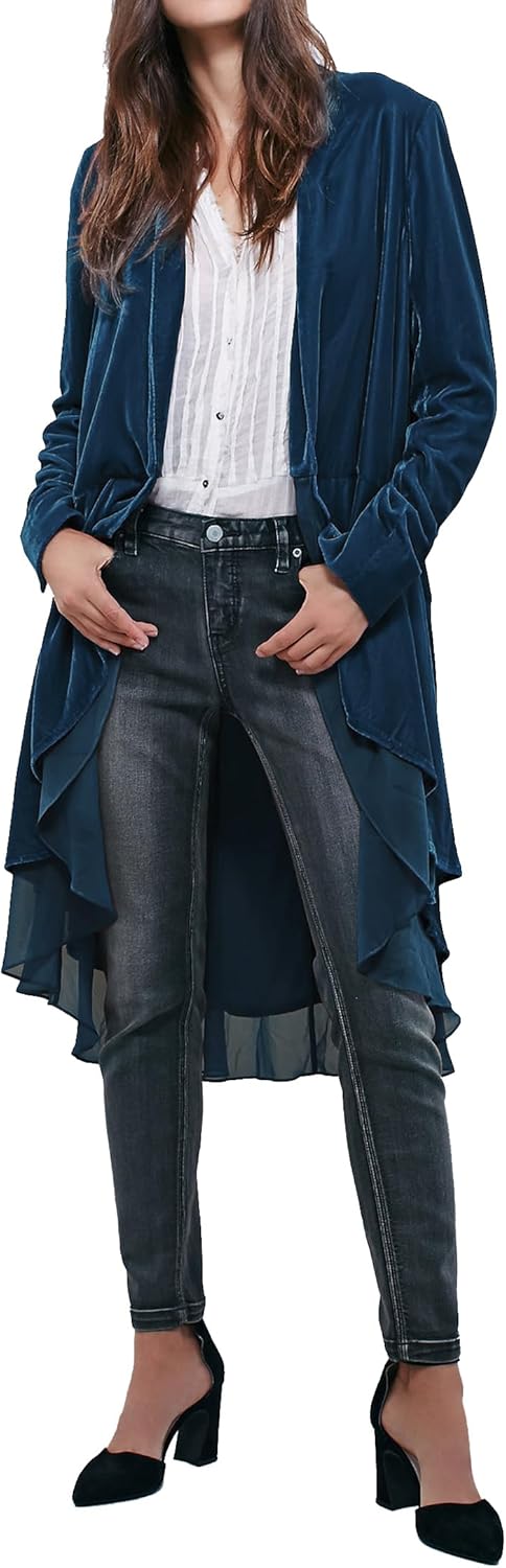 Ruffled Asymmetric Long Velvet Blazers Coat for Women
