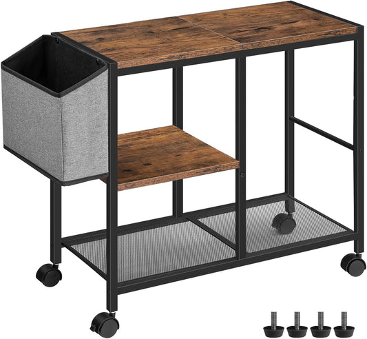 3-Tier Mobile Printer Stand with Storage - Rustic Brown