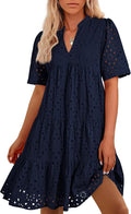 Boho Summer Mini Dress V Neck Short Sleeve - Flowy Resort Style Casual
