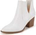 Pointed Toe Stacked Mid Heel Ankle Boots - V Cut Faux Leather