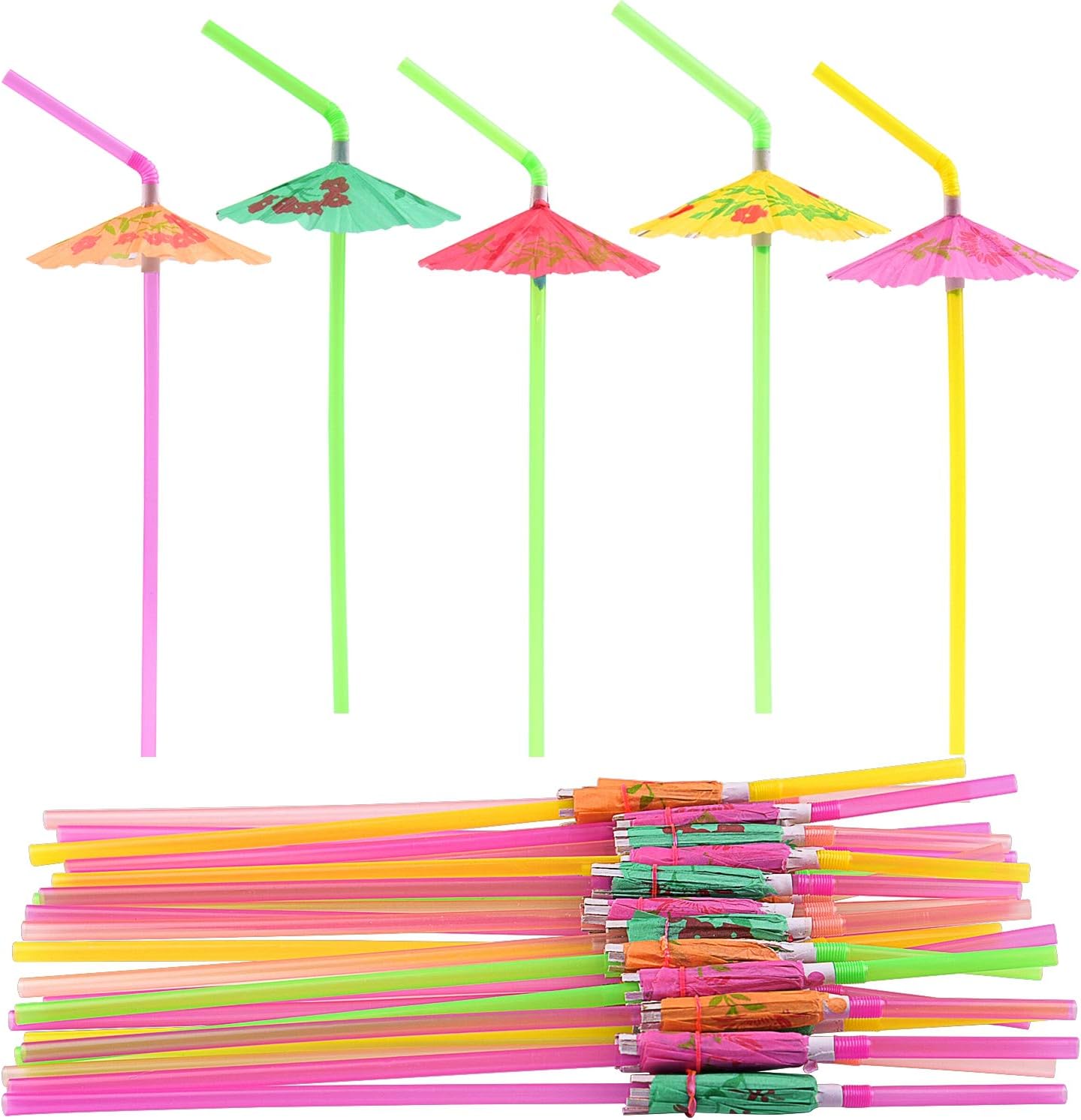 FEPITO 58 PCS Reusable Umbrella Straws - Luau Party Essential