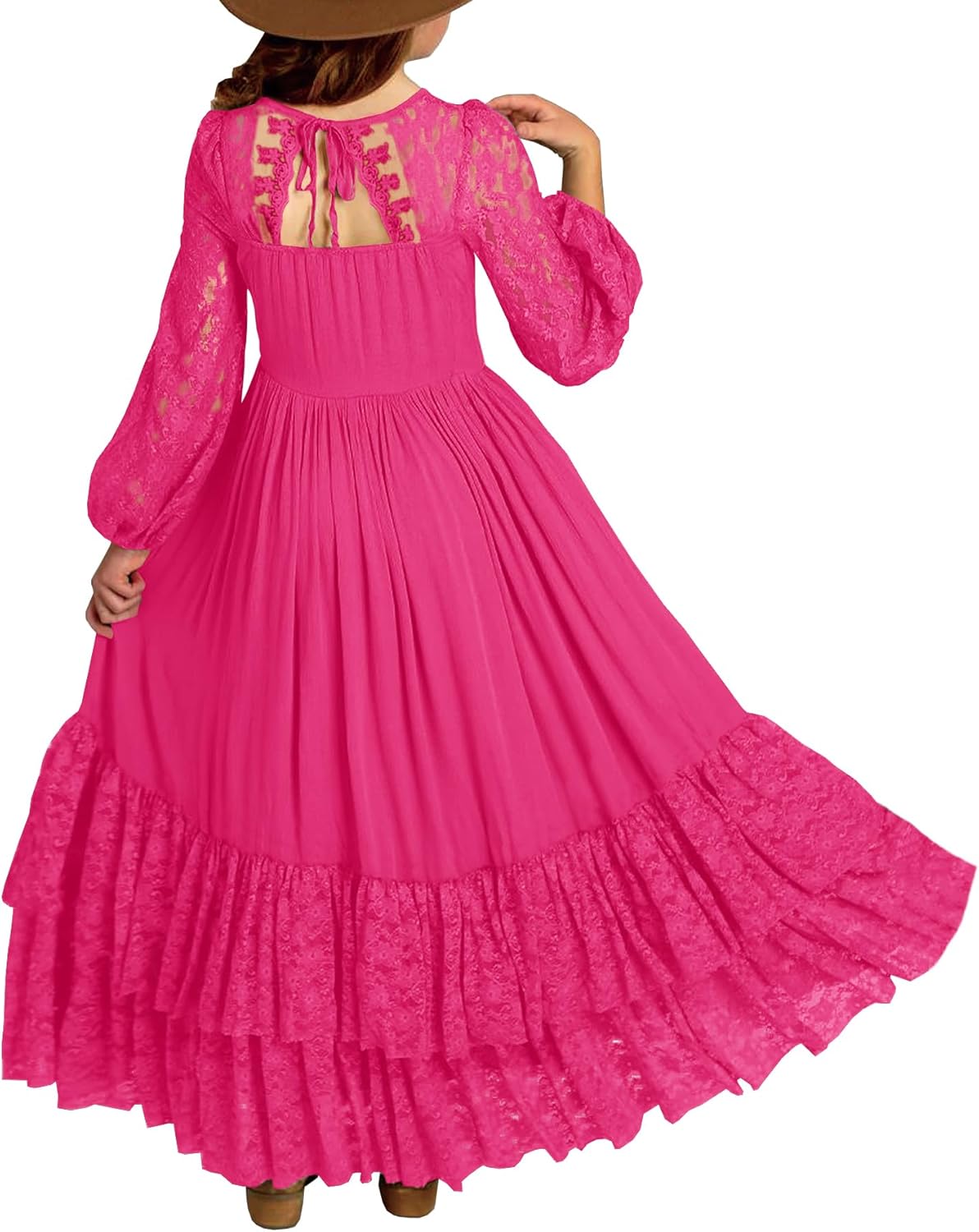 MITILLY Girls Boho Long Sleeve Backless Lace Flower Dress
