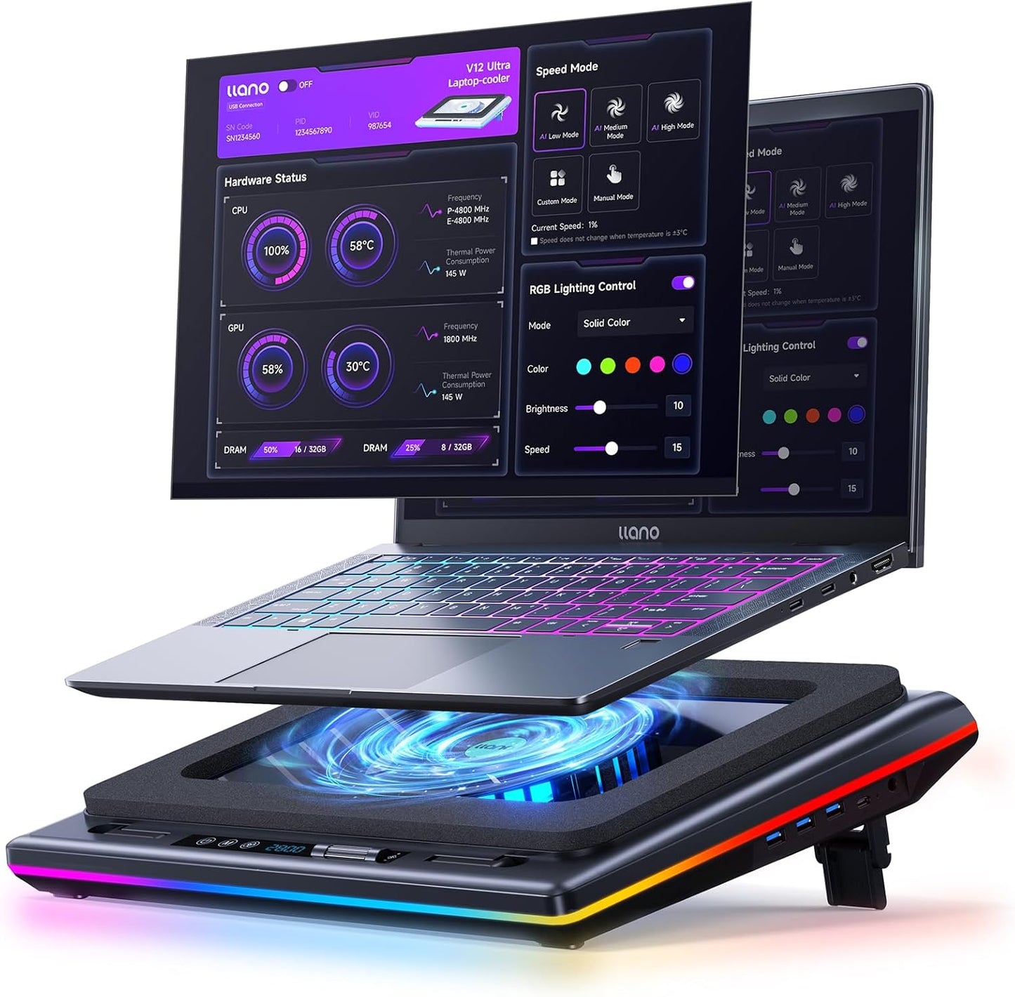 llano V12 Ultra Laptop Cooling Pad with Smart Control and RGB