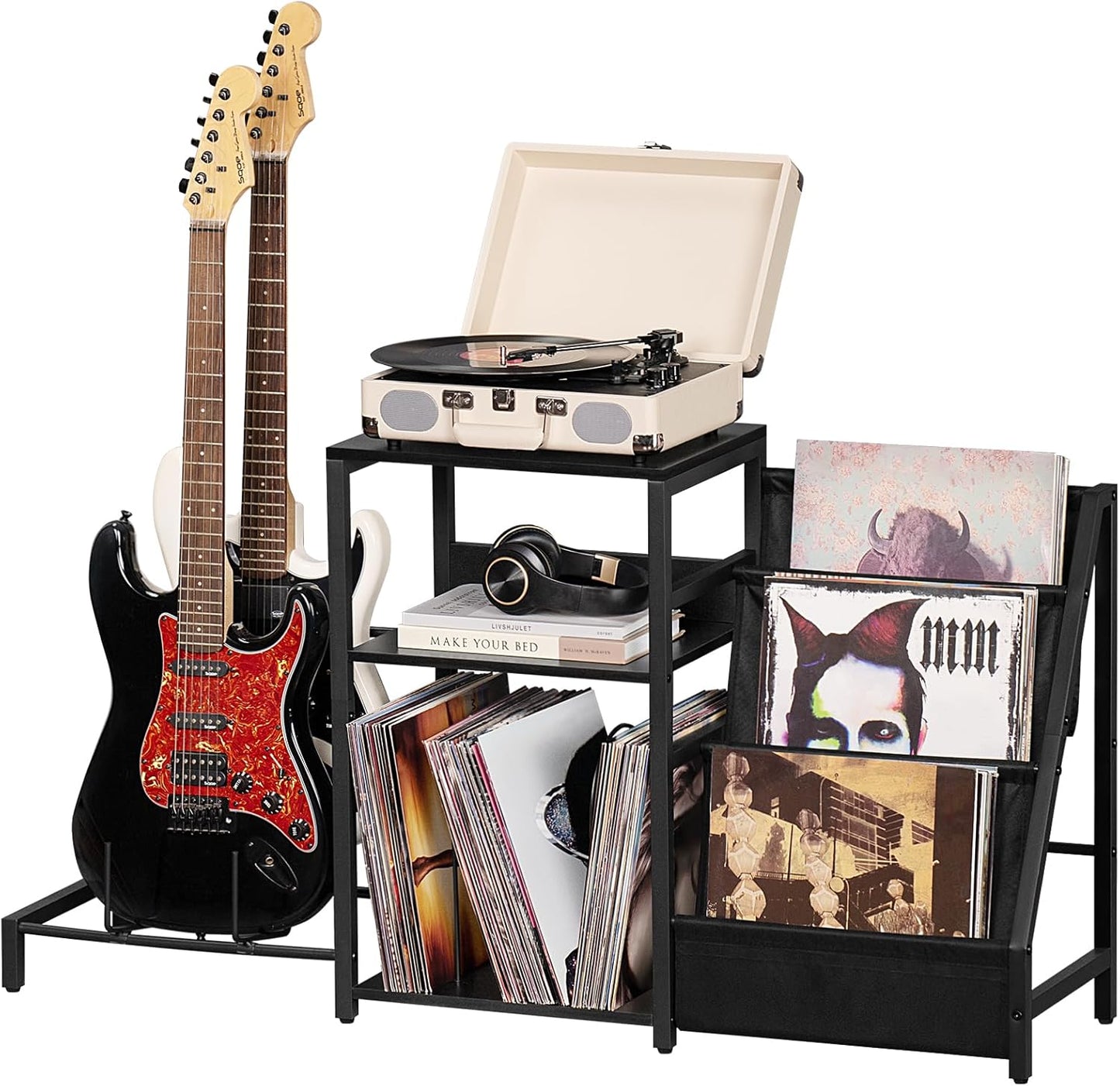 LELELINKY Black Vinyl Record & Guitar Stand