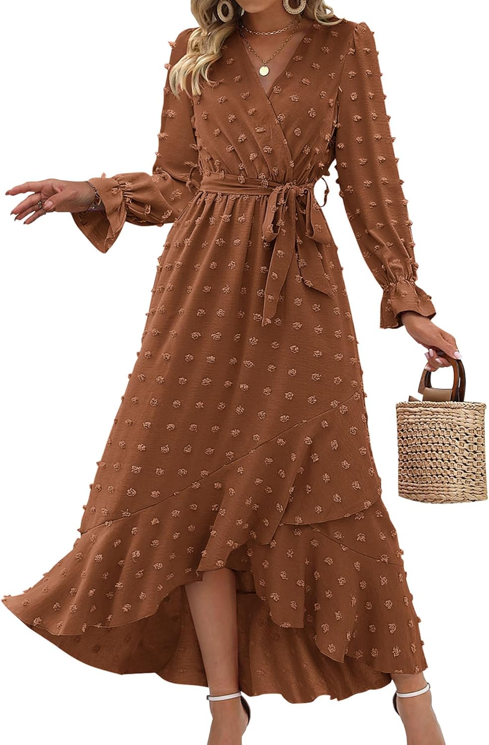 BTFBM Long Sleeve Maxi Dresses for Women with Swiss Dot Design