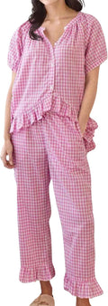 Womens Gingham Pajama Set 2 Piece Short Sleeve Babydoll Shirt is