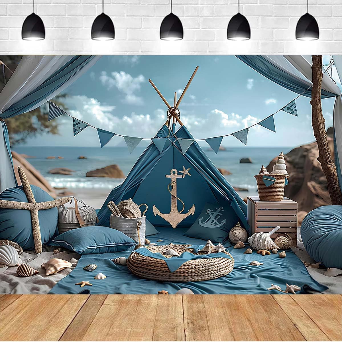 Blue Beach Tent Baby Show Backdrop - JICONEE