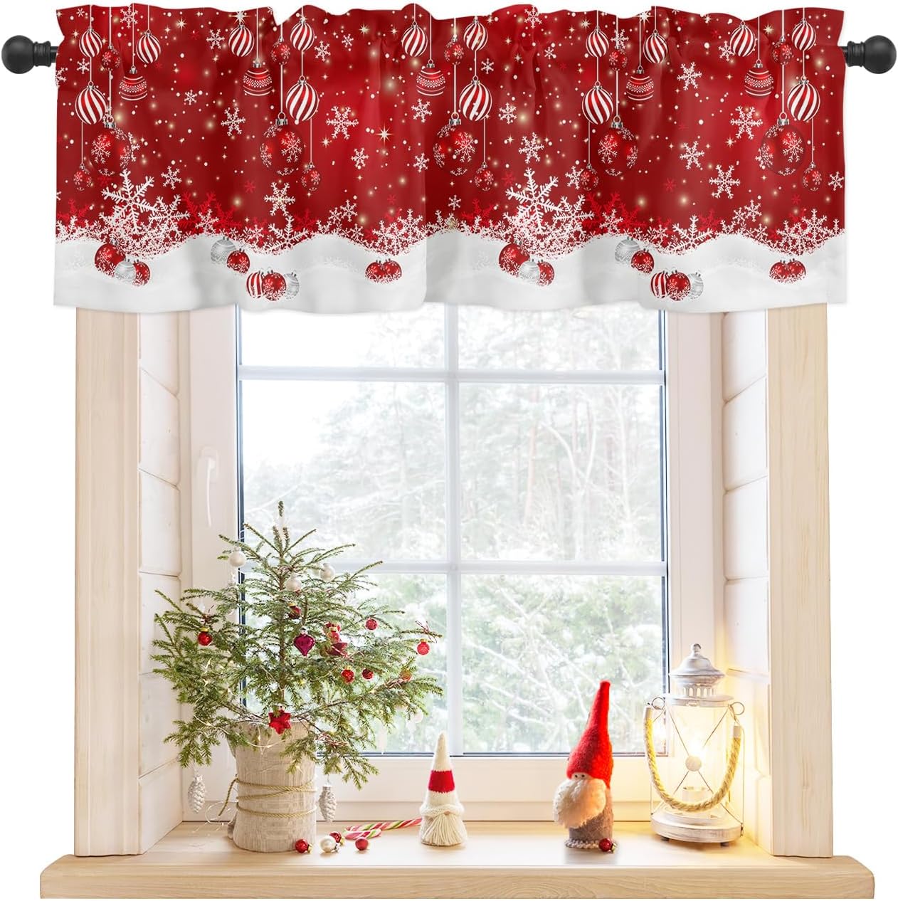Snowflake Sparkle Red Kitchen Valance - Festive Cheer!