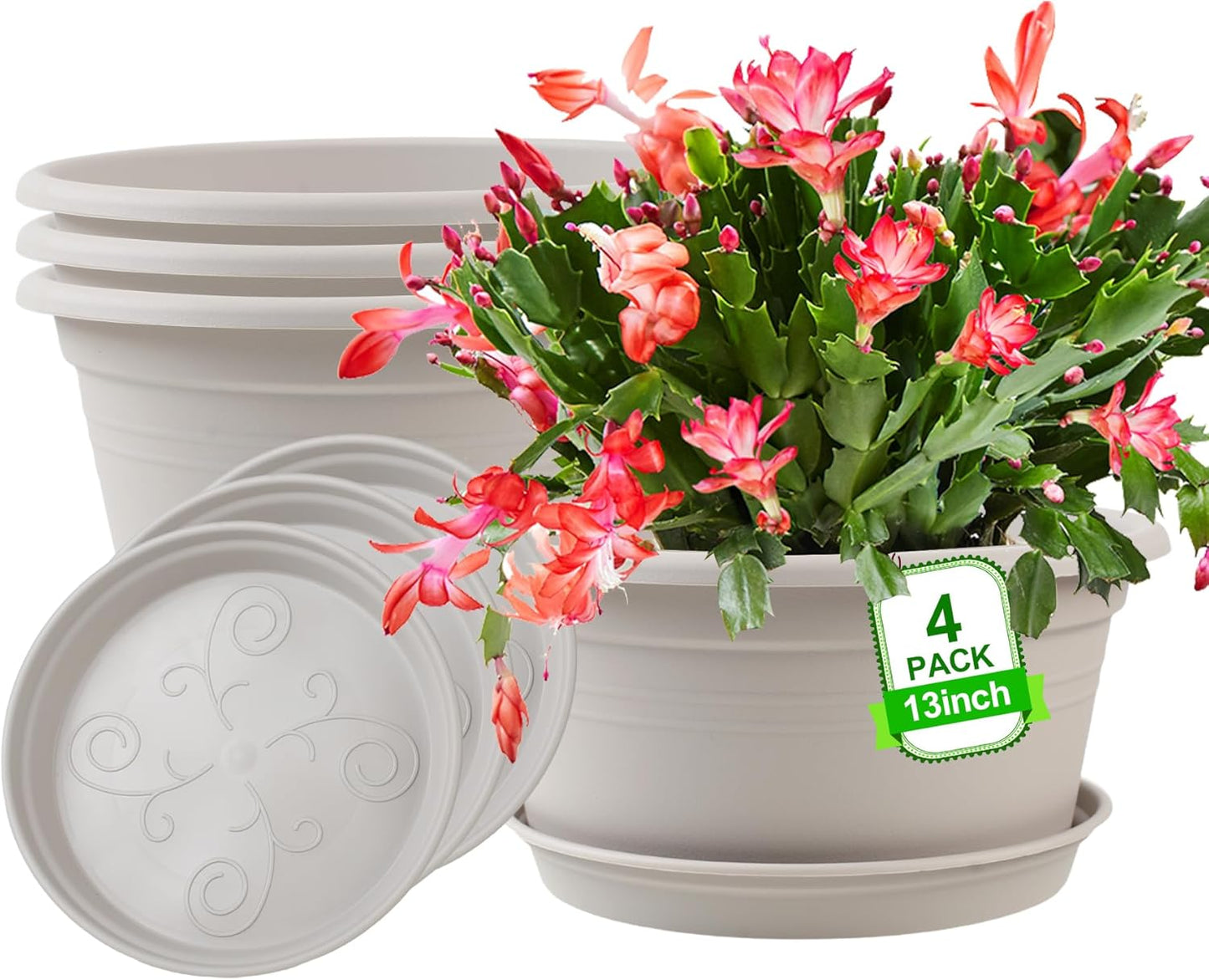 Large 13 Inch Plant Pots Set of 4 with Drainage Tray for Home