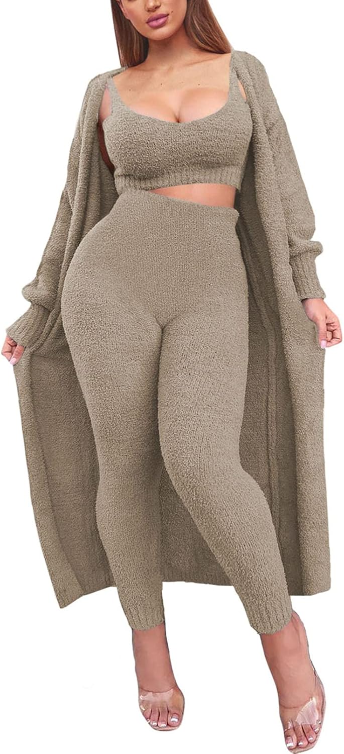 Fuzzy 3 Piece Sweatsuit Set for Women - Cozy Lounge Wear
