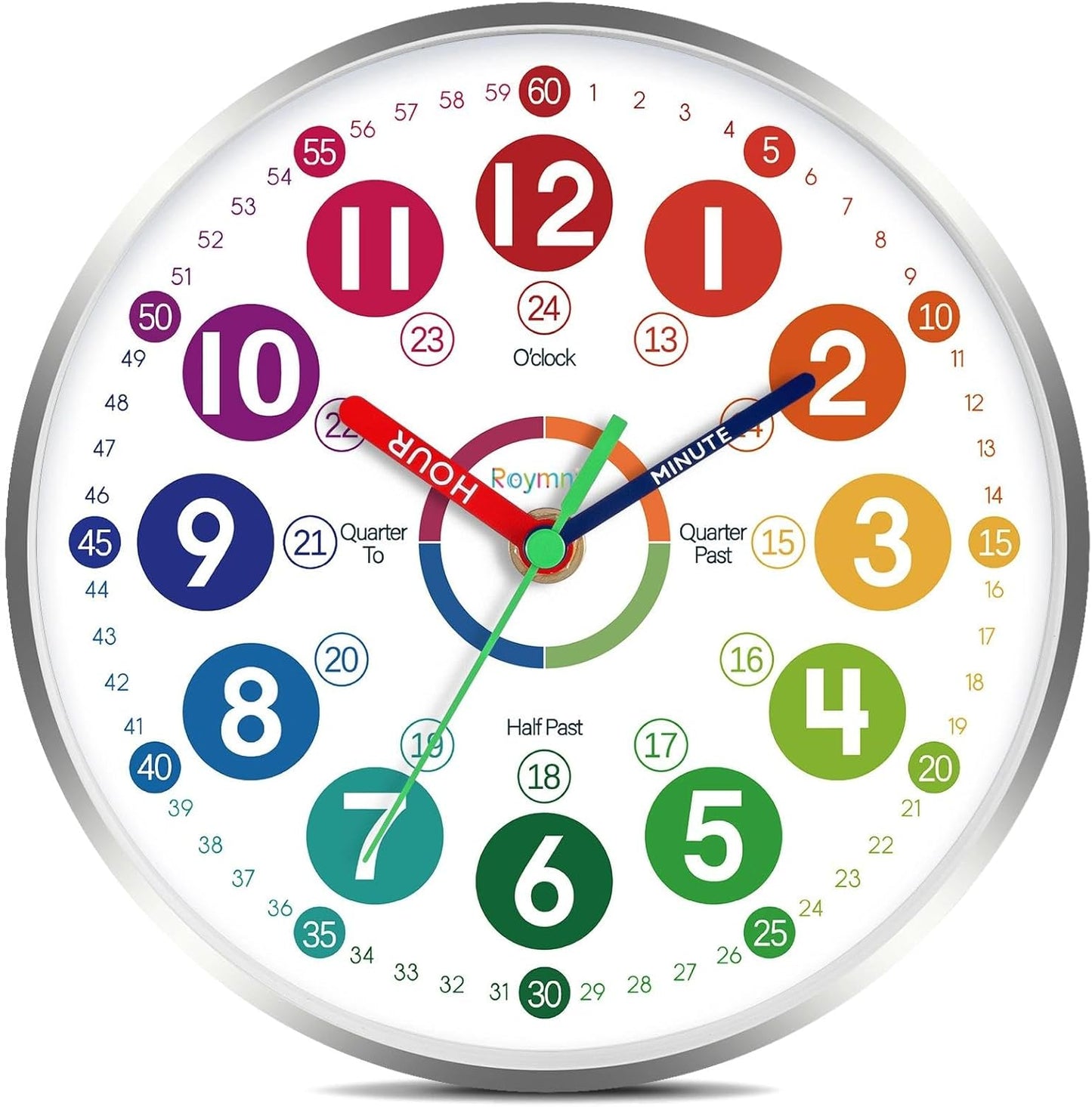 Wall Clock for Kids Learning - Colorful Silent Teaching Time