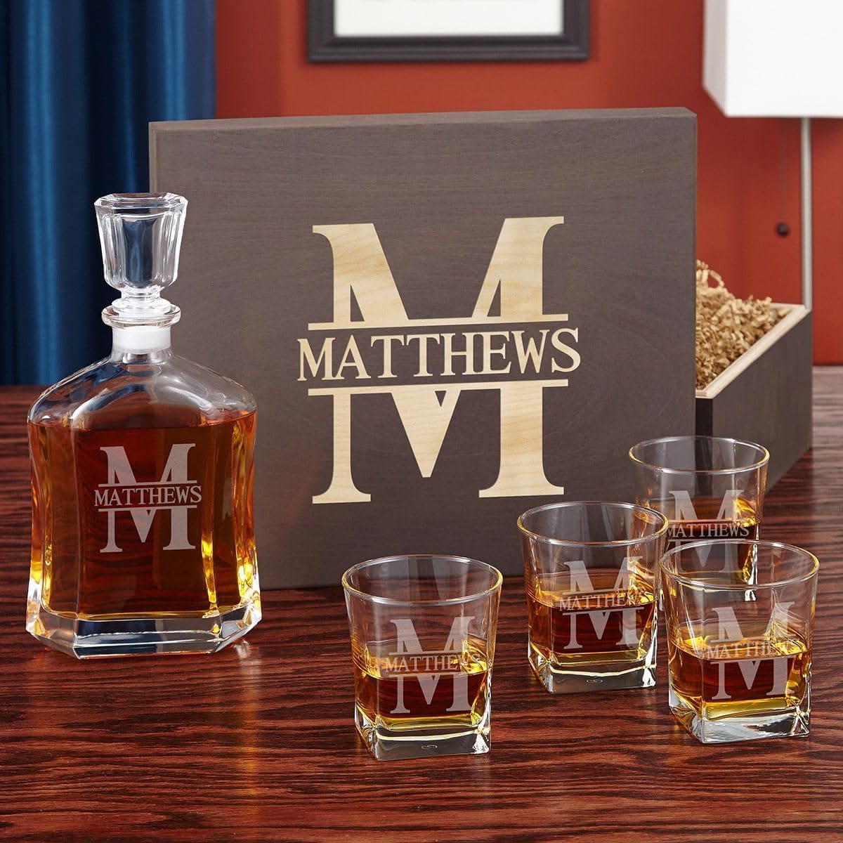 Custom Whiskey Decanter and Glasses Set in Handcrafted Box
