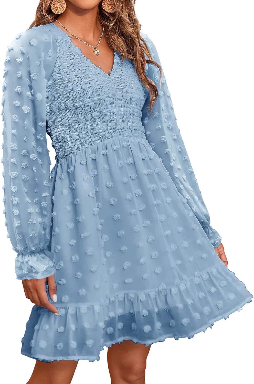 BTFBM Long Sleeve Fall Dresses for Women - V Neck Chiffon Mini