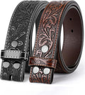 Western Leather Belt Strap for Men Women - Snap On Carved Cowboy Belt