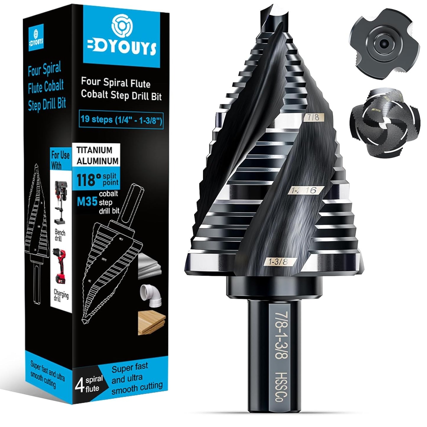 M35 Four Spiral Flute Step Drill Bit Set for Metal and Wood