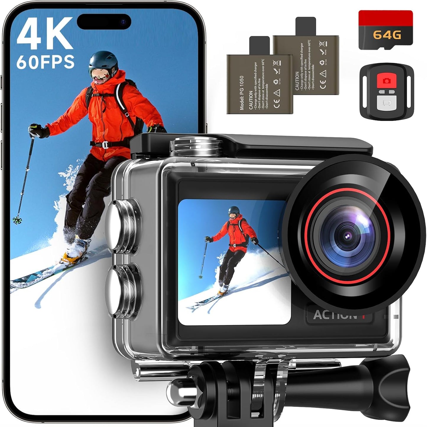 ODDV 4K60FPS Action Camera with Dual Screens and 64GB Card