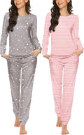 2 Pack Pajama Sets for Women - Long Sleeve Top with Jogger Pants