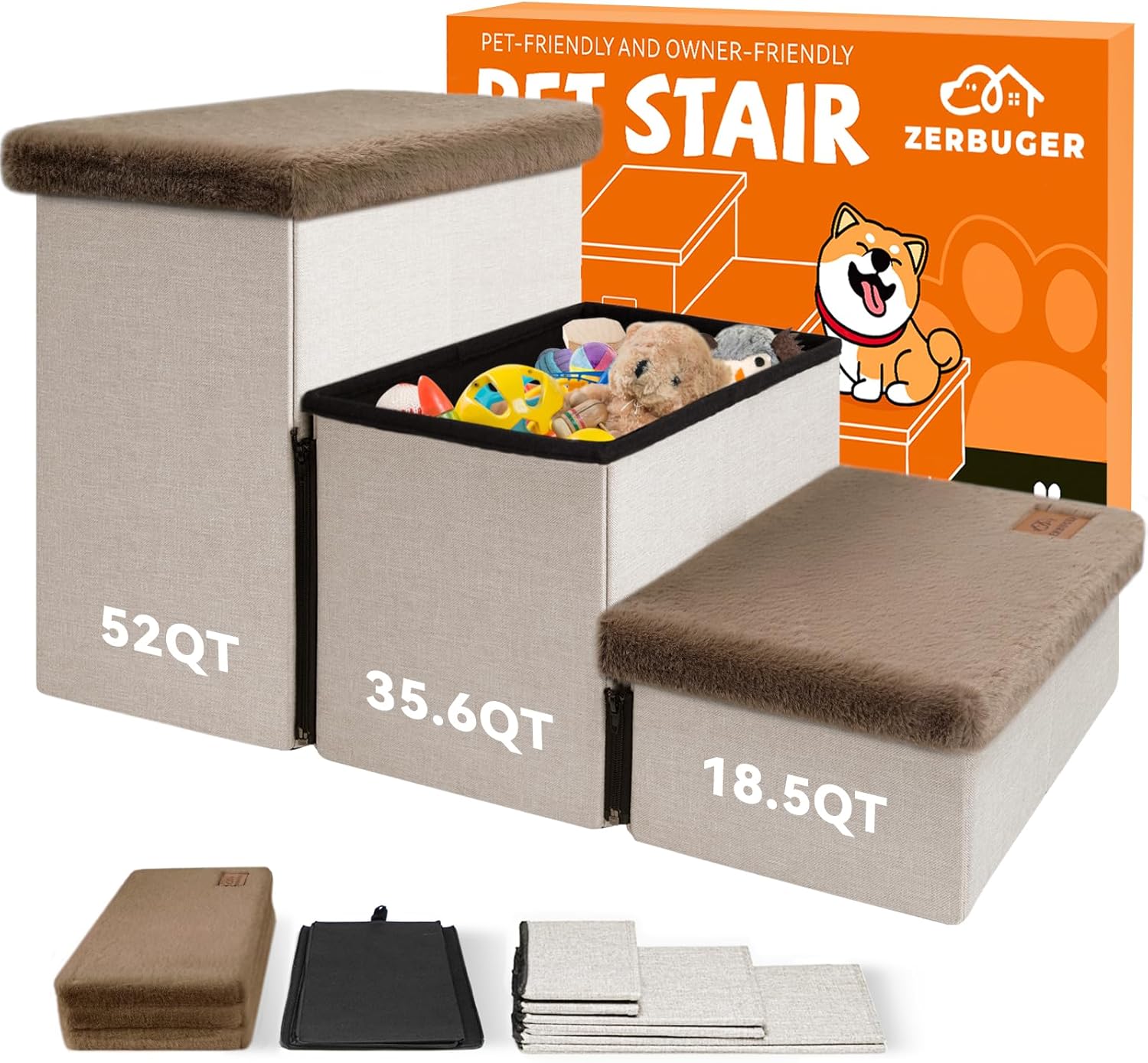 Dog Stairs with Furry Lids for Small to Large Pets - 3-Step
