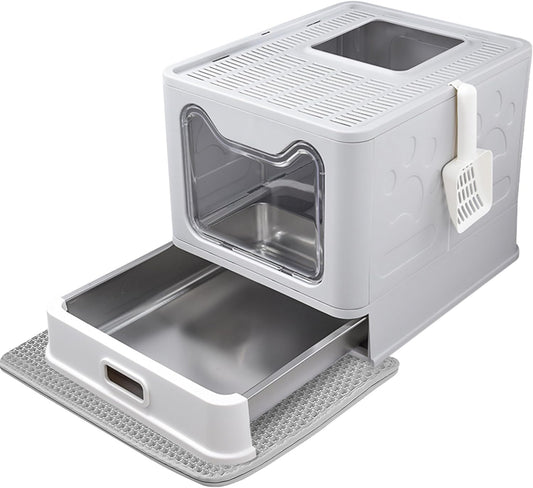 Enclosed Stainless Steel Cat Litter Box with Lid for Easy Cleaning