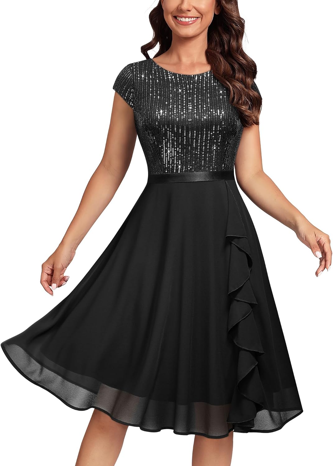 MISSMAY Women's Elegant Glitter Sequin Ruffle Cocktail Dress