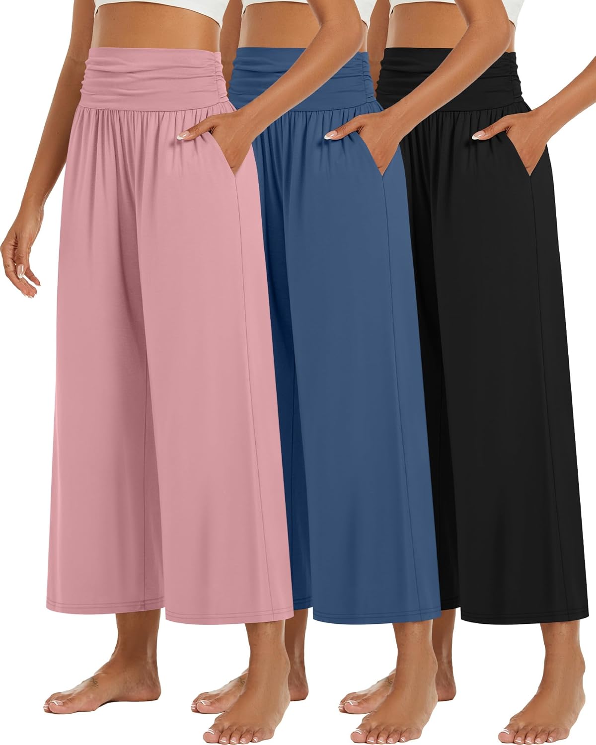 Wide Leg Cropped Pants for Women - High Waist Palazzo Trousers
