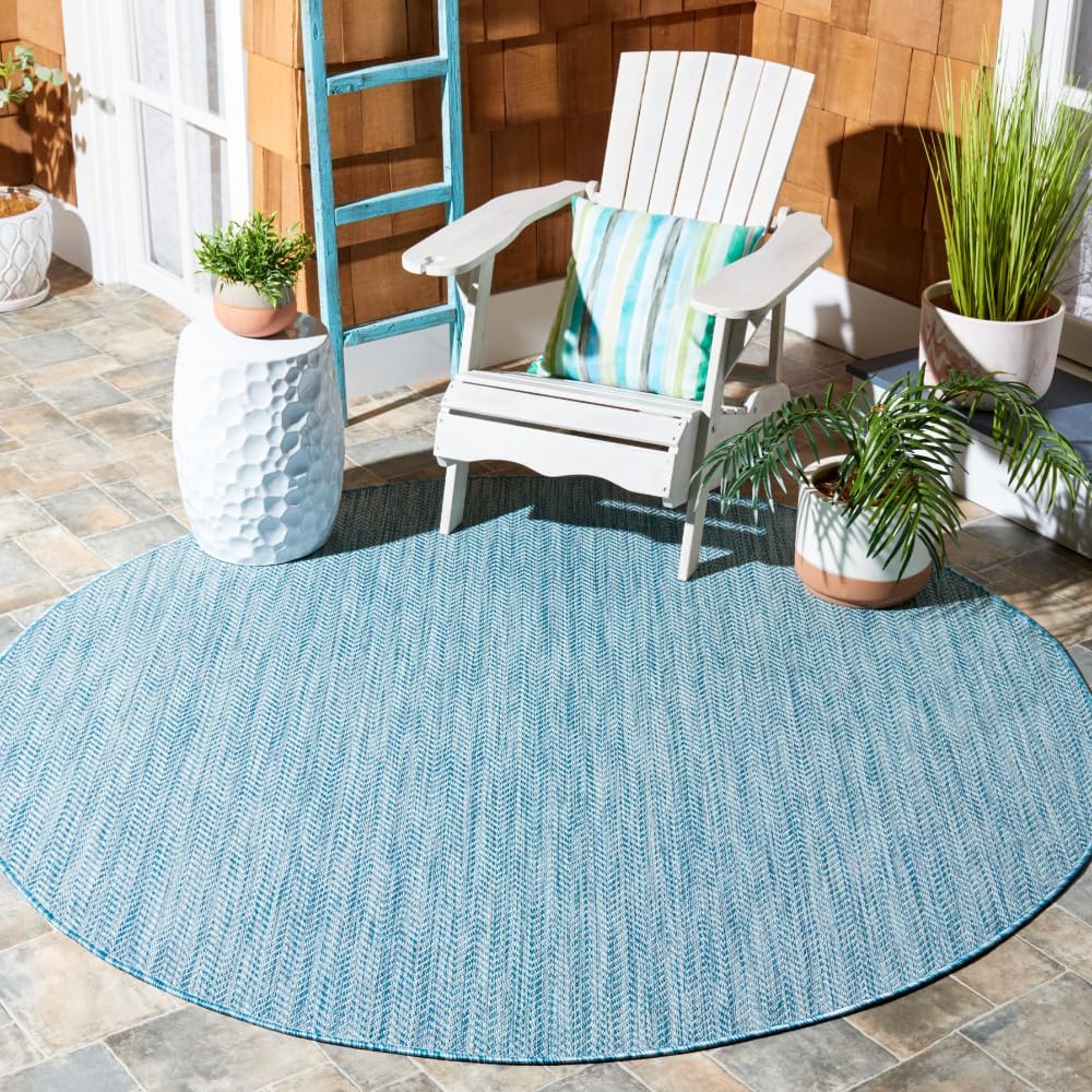 SAFAVIEH Courtyard Collection 9ft Round Aqua/Grey Indoor-Outdoor Rug