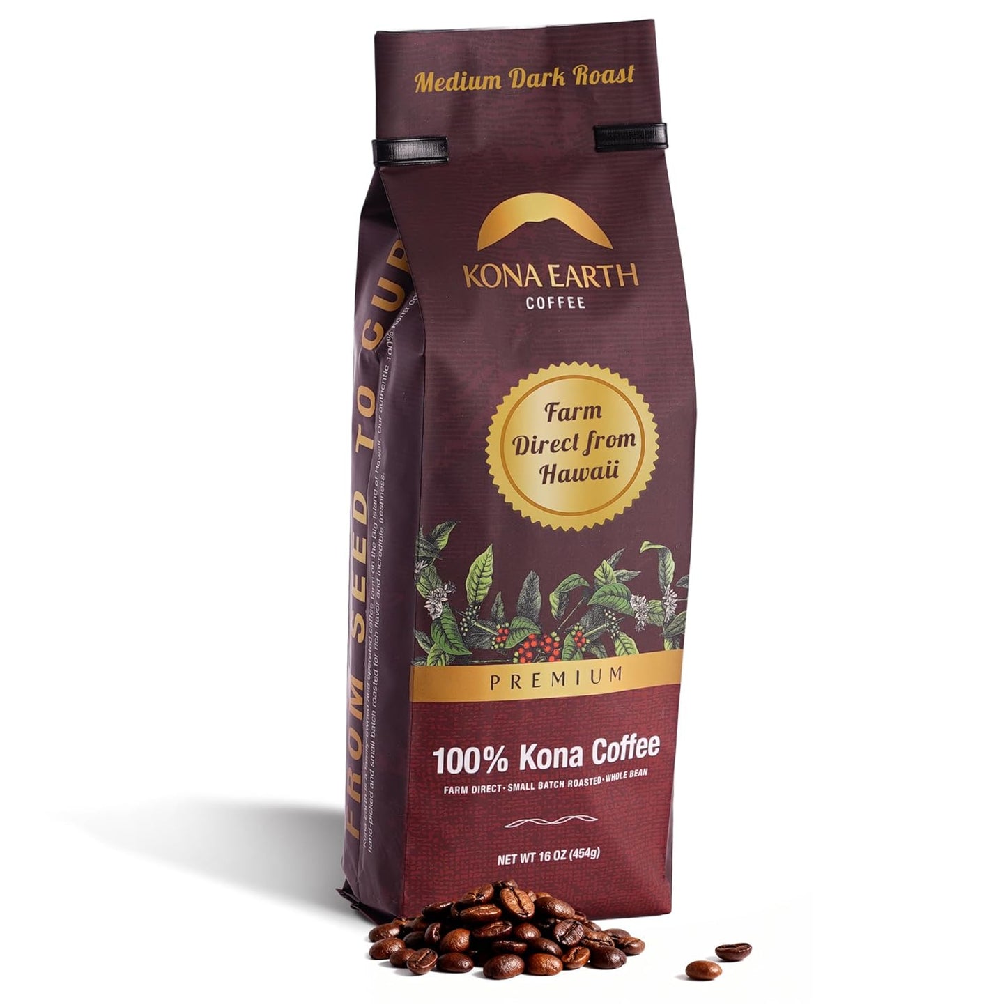 100% Kona Premium Coffee - Medium Dark Roast Whole Bean 1 lb