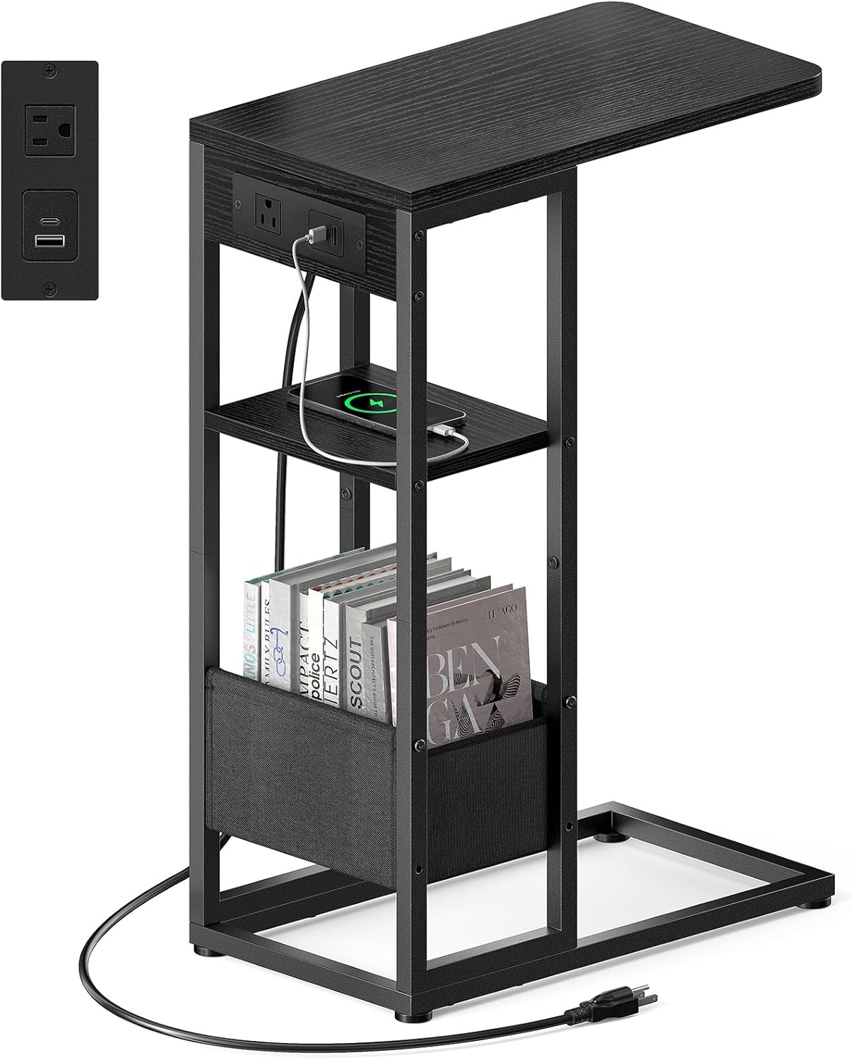 C Shaped End Table with Charging Station for Small Spaces