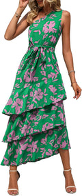 Women's One Shoulder Floral Midi Dress - Flowy Tiered Ruffle