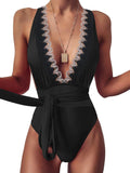 One-Piece High Cut Thong Swimsuit for Women - Criss Cross Tie Plunge