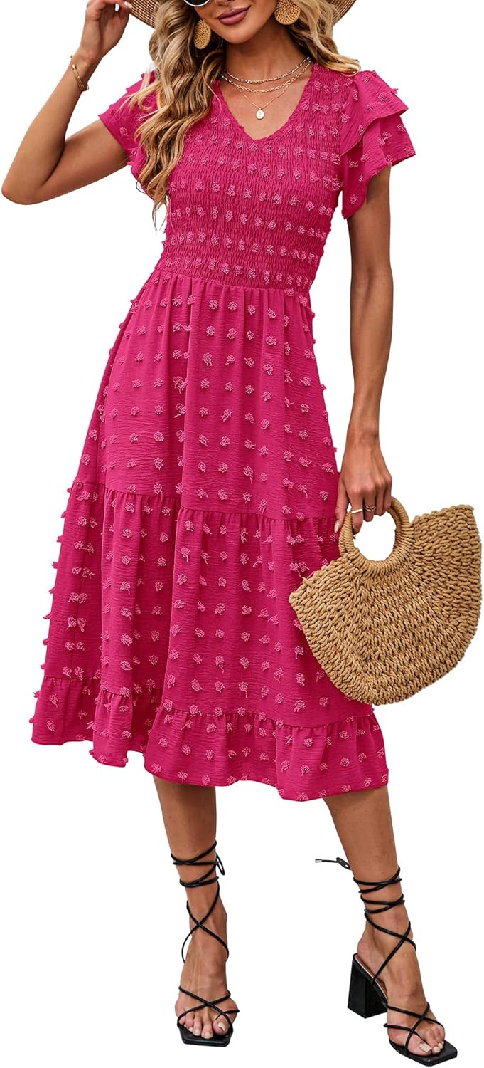 BTFBM Women Casual Summer Ruffles Tiered Sleeve Midi Dress